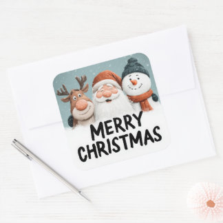 Adesivo Quadrado Cute Cartoon Santa Reindeer Snowman Merry Xmas