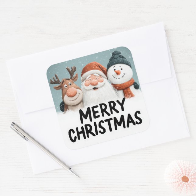 Adesivo Quadrado Cute Cartoon Santa Reindeer Snowman Merry Xmas (Envelope)