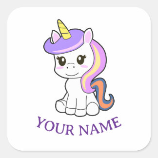Adesivo Quadrado Cute cartoon Unicorn Childrens Name Tag Sticker