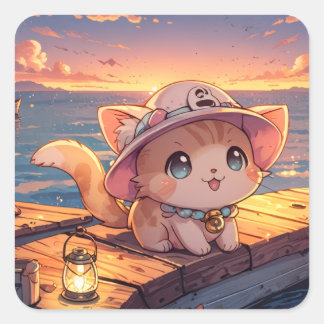 Adesivo Quadrado Cute Chibi Kitten at the Harbor Sunset – Whimsical