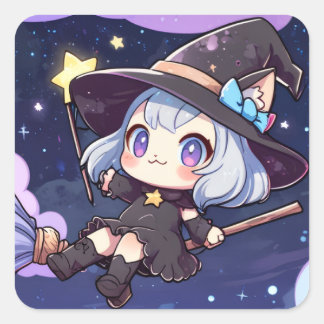 Adesivo Quadrado Cute Chibi Witch Flying in the Night Sky – Whimsic