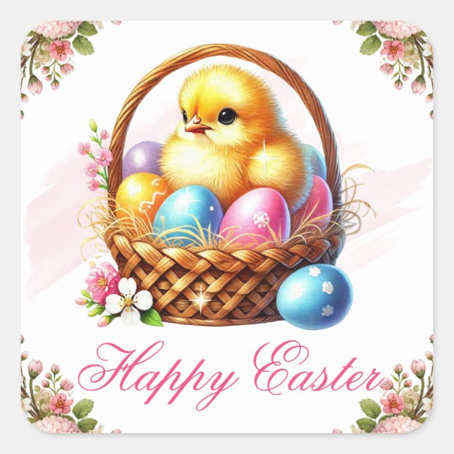 Adesivo Quadrado Cute Chick with Colorful Eggs Happy Easter (Frente)