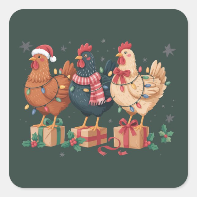Adesivo Quadrado Cute Christmas Chickens Funny Holiday Farm (Frente)