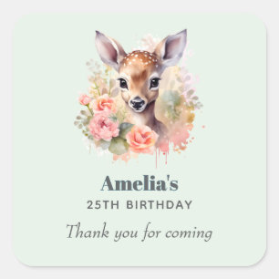 Adesivo Quadrado Cute Deer Cercado Por Rosas Aniversário Obrigado
