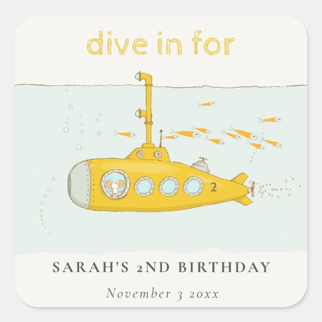 Adesivo Quadrado Cute Dive In Underwater Submarine Yellow Birthday (Frente)
