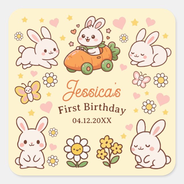 Adesivo Quadrado Cute Easter Bunnies Whimsical 1st Birthday Party (Frente)