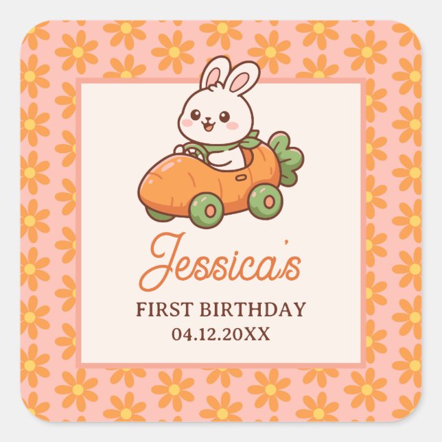 Adesivo Quadrado Cute Easter Bunny Floral 1st Birthday Party (Frente)