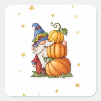 Adesivo Quadrado Cute Fall Gnome & Stacked Pumpkins Coffee