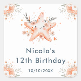 Adesivo Quadrado Cute Floral Starfish Birthday Party