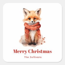 Adesivo Quadrado Cute Fox Pup in a Red Scarf Christmas