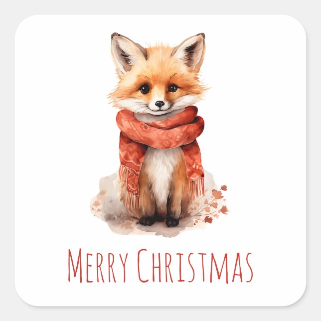 Adesivo Quadrado Cute Fox Pup in a Red Scarf Christmas (Frente)