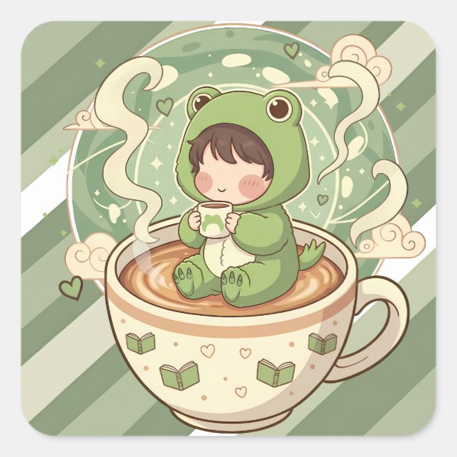 Adesivo Quadrado Cute Froggy Coffee Tale Design (Frente)
