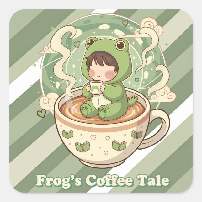 Adesivo Quadrado Cute Froggy Coffee Tale Design (Frente)