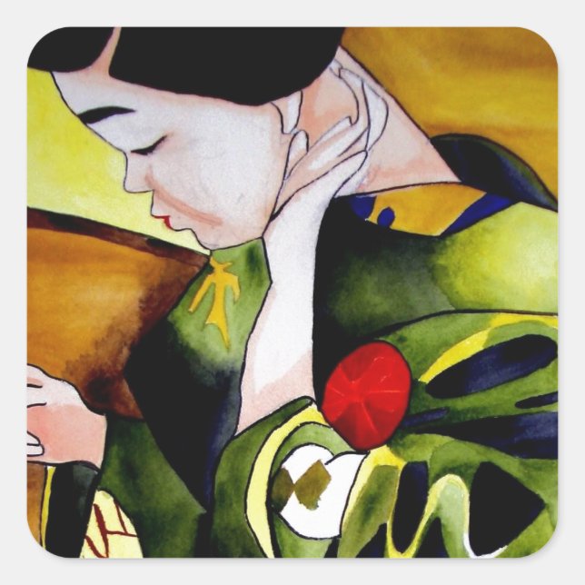 Adesivo Quadrado Cute Geisha com arte original verde kimono (Frente)
