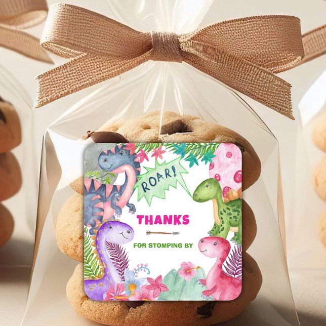 Adesivo Quadrado Cute Girl Dinosaur 4th Birthday Thank You (Criador carregado)