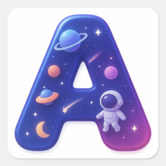 Adesivo Quadrado Cute Glossy Space Alphabet Letter A – Galaxy Theme