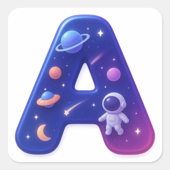 Adesivo Quadrado Cute Glossy Space Alphabet Letter A – Galaxy Theme (Frente)