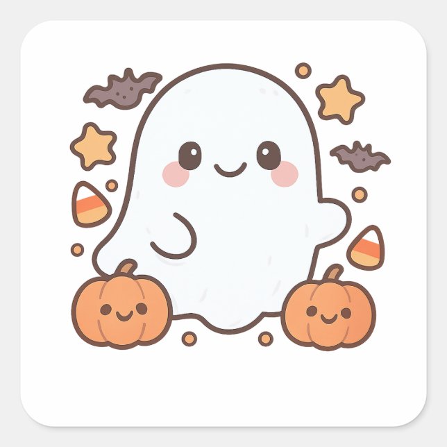 Adesivo Quadrado Cute Halloween Ghost Clipart, Divertido e Cute Spo (Frente)