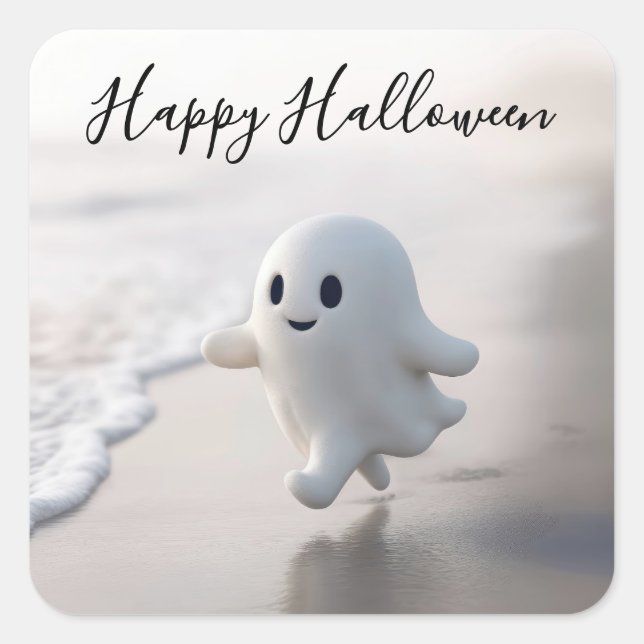 Adesivo Quadrado Cute Halloween Ghost Running On a Beach (Frente)