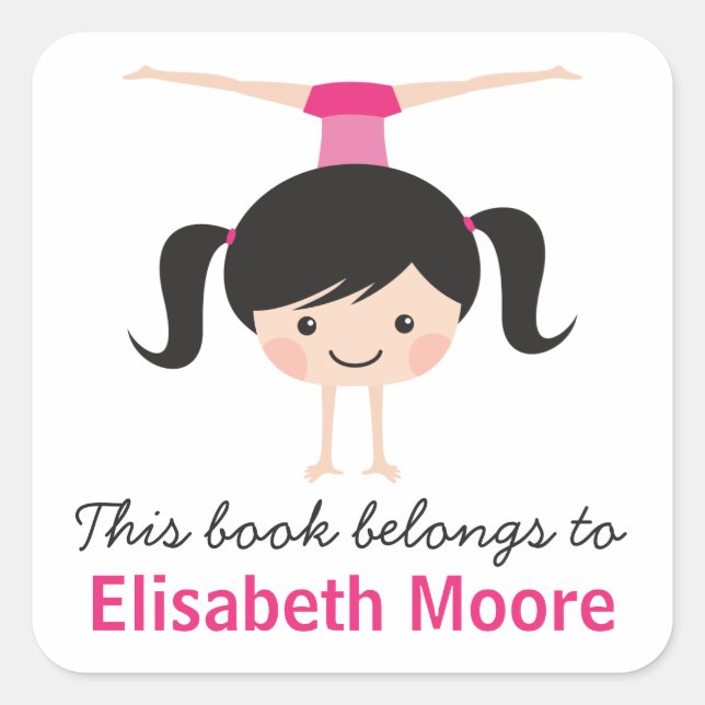 Adesivo Quadrado Cute handstand gymnast girl cartoon bookplate book (Frente)