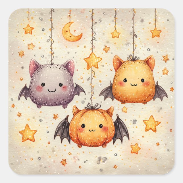 Adesivo Quadrado Cute Hanging Bats Halloween Stickers (Frente)
