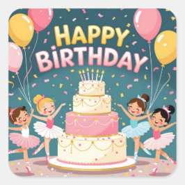 Adesivo Quadrado Cute Happy Birthday ballerina theme
