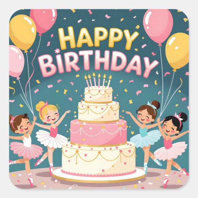 Adesivo Quadrado Cute Happy Birthday ballerina theme (Frente)