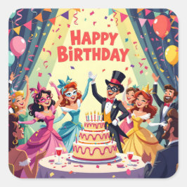 Adesivo Quadrado Cute Happy Birthday masquerade theme