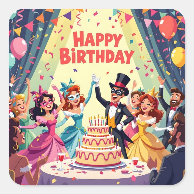 Adesivo Quadrado Cute Happy Birthday masquerade theme (Frente)