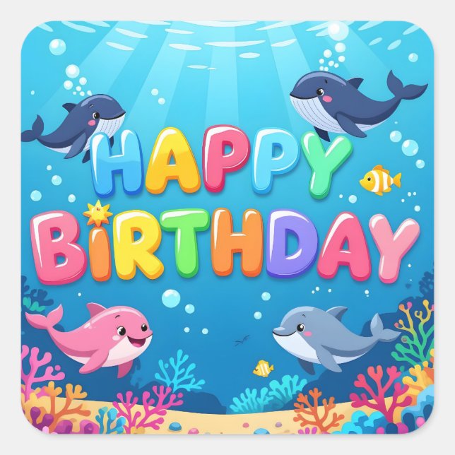 Adesivo Quadrado Cute Happy Birthday nautical dolphin (Frente)