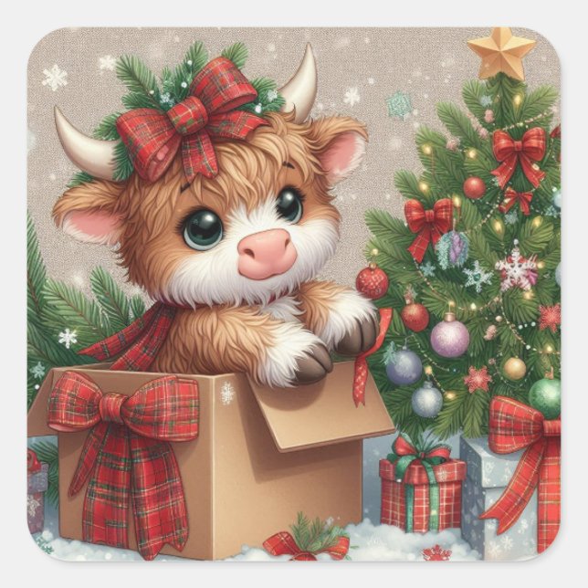 Adesivo Quadrado Cute Highland Cow Christmas Sticker (Frente)