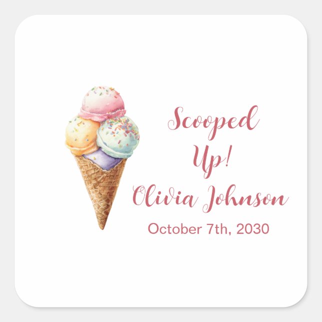 Adesivo Quadrado Cute Ice Cream Scoops Pastel Bridal Shower (Frente)