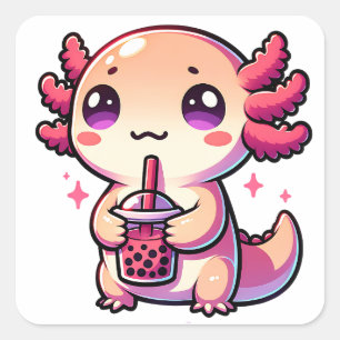 Adesivo Quadrado Cute Kawaii Axolotl com Chá-Bolha