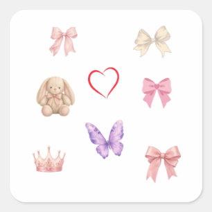 Adesivo Quadrado Cute Kawaii Laços Borboleta Coração Coroa Bunny