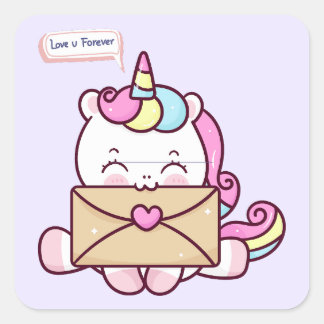 Adesivo Quadrado Cute Kawaii Unicorn Love Illustration