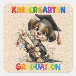 Adesivo Quadrado  Cute Kindergarten Graduation Puppy Illustration