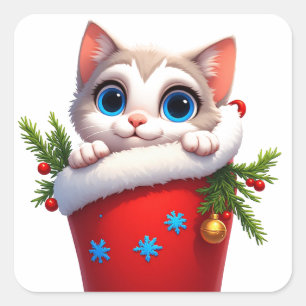Adesivo Quadrado 🎁 Cute Kitten Natal Cena de Meia de Natal 🐾