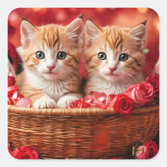 Adesivo Quadrado Cute Kittens in a Straw Basket (Frente)