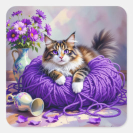 Adesivo Quadrado Cute Kitty Cat in Ball of Purple Yarn