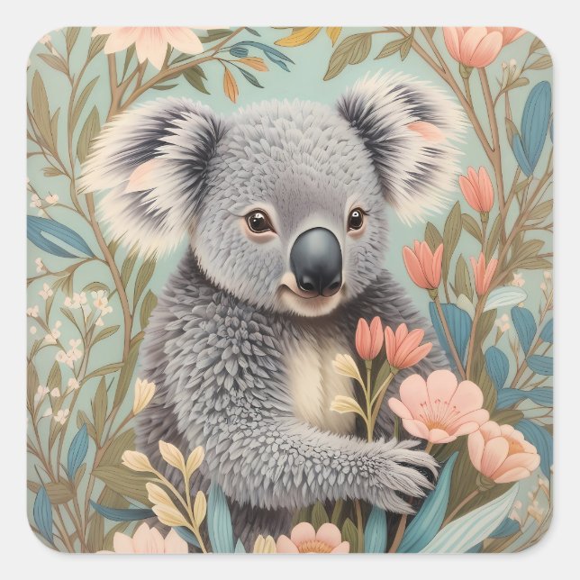 Adesivo Quadrado Cute Koala Elegant Pastel Floral (Frente)