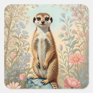 Adesivo Quadrado Cute Little Meerkat Pastel Floral