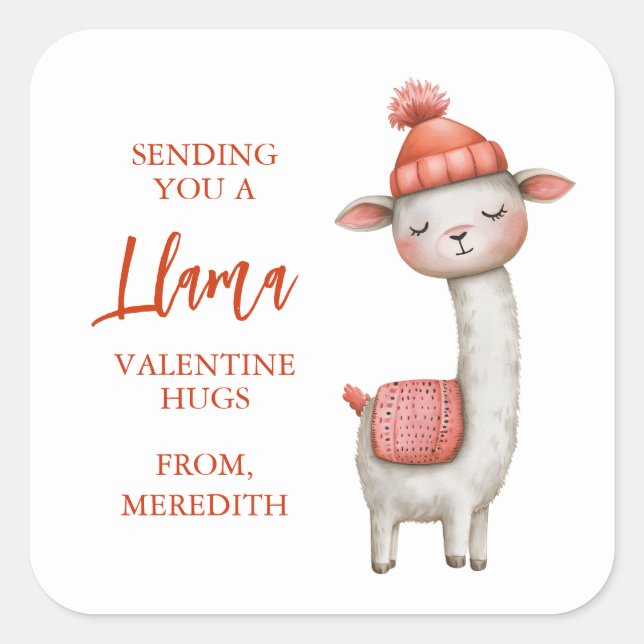 Adesivo Quadrado Cute Llama Valentine's Day Label, Valentine (Frente)