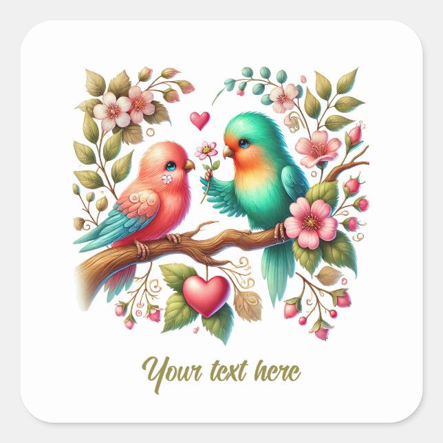 Adesivo Quadrado Cute love birds customizable Wedding  (Frente)
