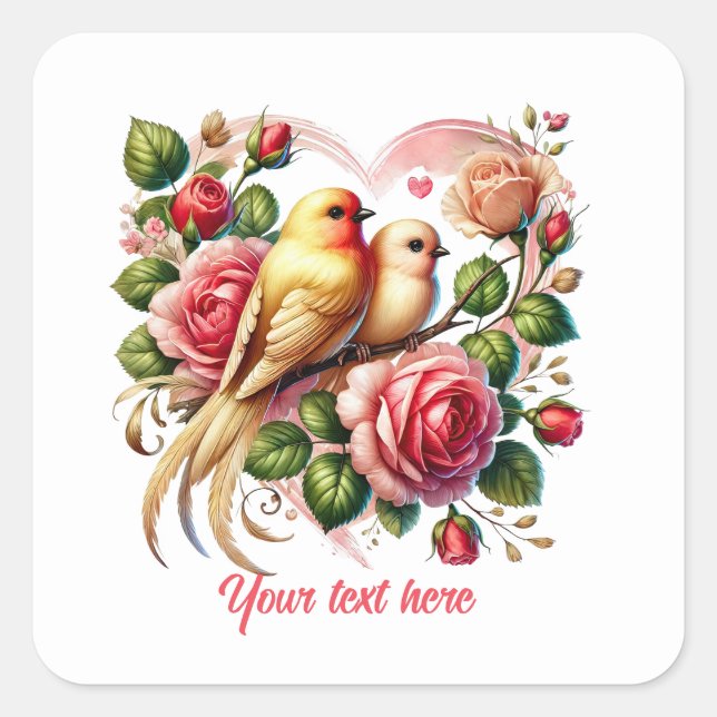 Adesivo Quadrado Cute love birds customizable Wedding  (Frente)