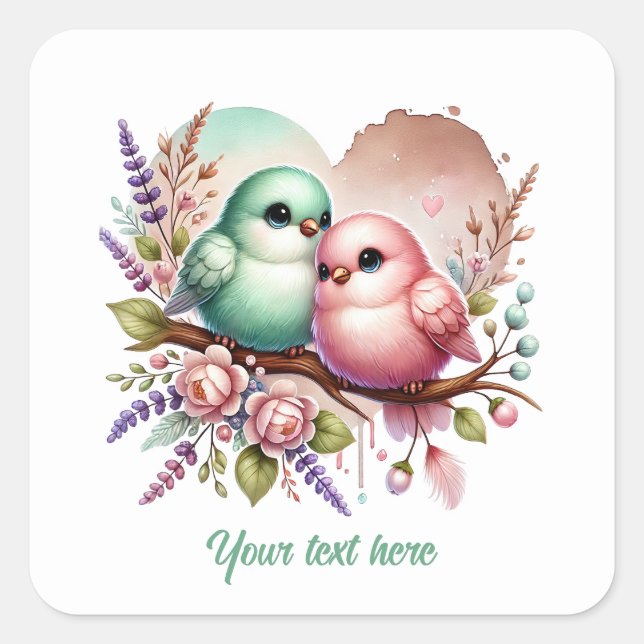 Adesivo Quadrado Cute love birds customizable Wedding (Frente)