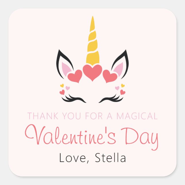 Adesivo Quadrado Cute Magical Unicorn Valentine's Day Personalized (Frente)