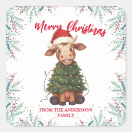 Adesivo Quadrado Cute merry Cow Christmas tree calf ox Xmas pattern