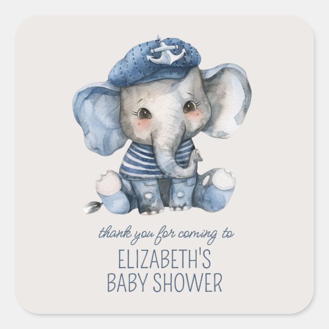 Adesivo Quadrado Cute Nautical Blue Baby Elephant Baby Shower (Frente)