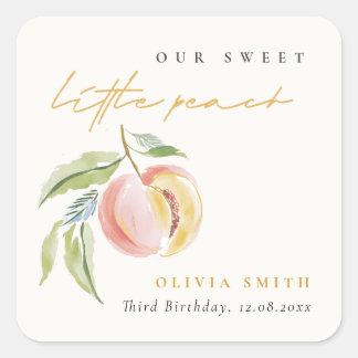 Adesivo Quadrado Cute Our Little Sweet Peach Watercolor Birthday