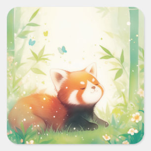 Adesivo Quadrado Cute Panda Vermelho Dormindo na Floresta de Bambu